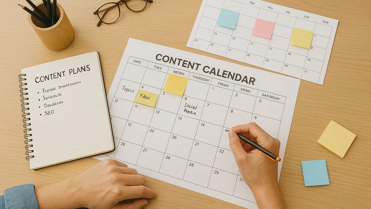 A desk planner and notebook with a content schedule beside a laptop