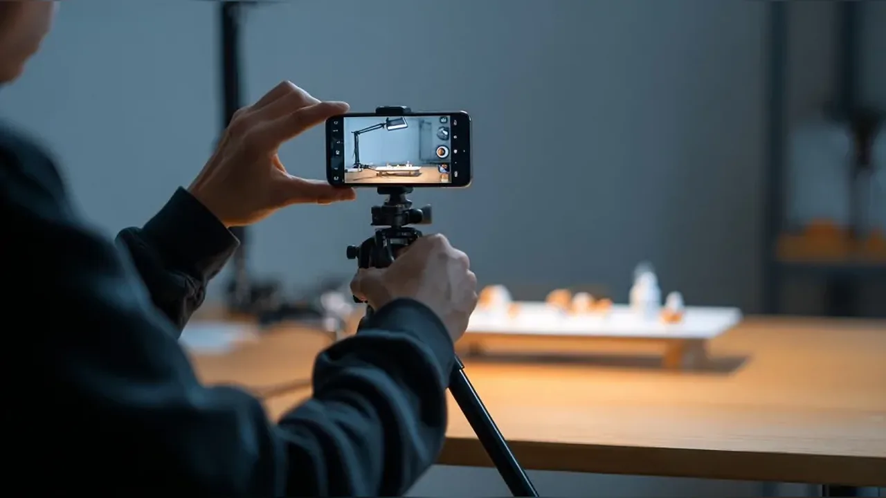 A creator recording a short video with a phone on a tripod