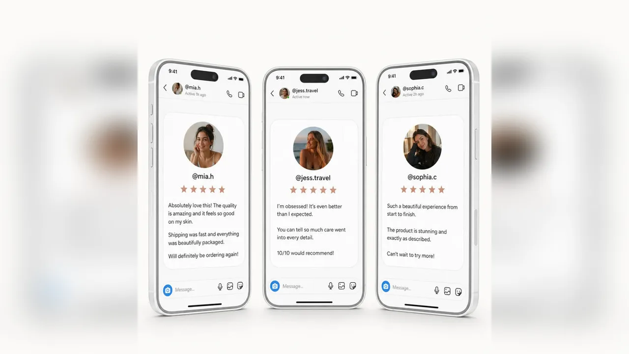 Customer review messages and star ratings shown on a phone screen